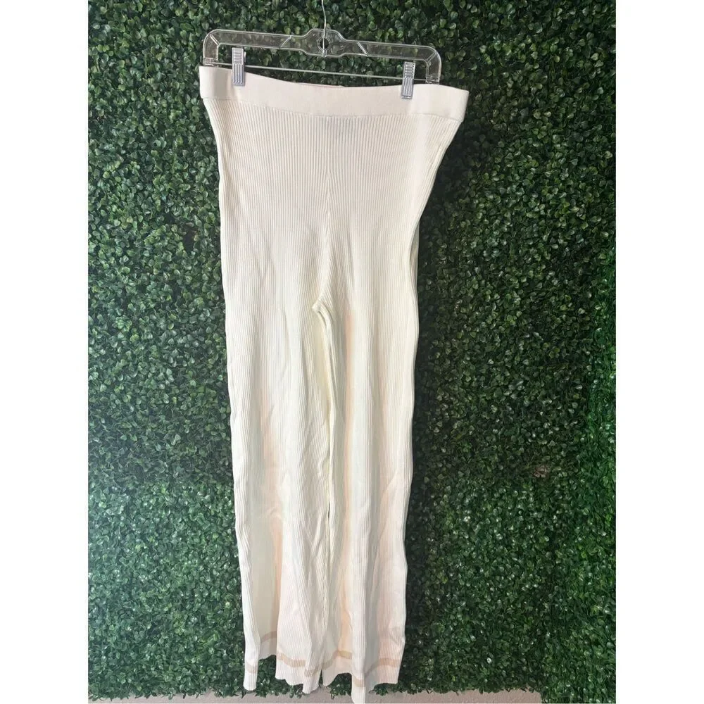 Carbon38 Sweater Pant Womens XL Ivory Rib Knit High Rise Casual Bootcut NWOT Tan